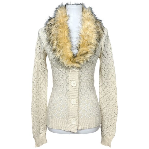 Vintage Y2K Fur Trim Cardigan Sweater Pointelle Knit Penny Lane Cream - Picture 2 of 13